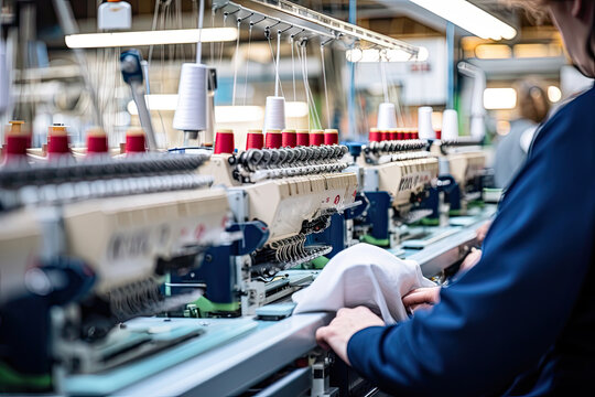 Vibrant scene: State-of-the-art textile factory blends tech and craftsmanship, weaving intricate patterns with modern machinery and skilled hands