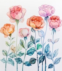 This is an artistic watercolor painting showcasing a variety of flowers in full bloom with vibrant colors and delicate detailing on petals