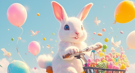 White rabbit with colorful fur on the bike, surrounded by balloons and candy