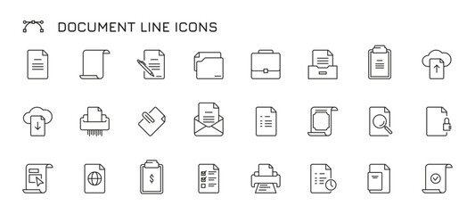 Document line icons. Thin paper and envelope with stamp, legal agreement and contract, paper with signature and seal. Vector isolated set - obrazy, fototapety, plakaty