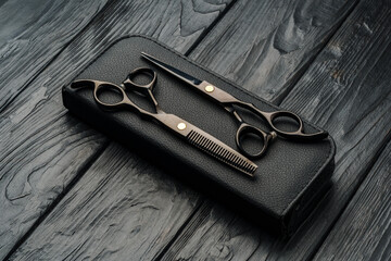 Hairdressing scissors on black wooden background close up