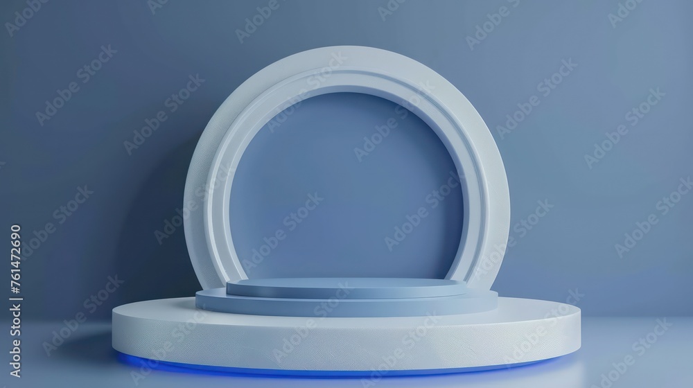 Poster a simple and elegant design of a circular blue podium in a minimalist setting with a smooth and clea