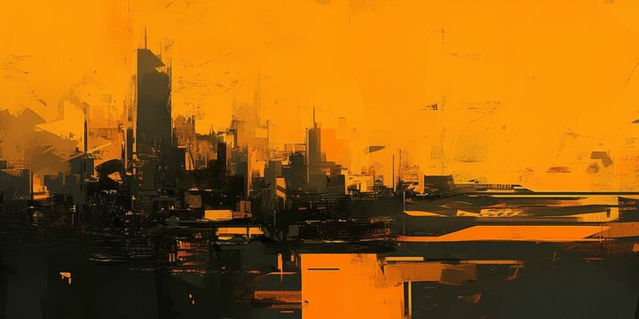 Abstract painting of a city skyline in a dark grey and orange color palette, with brush strokes and very rough edges in a monochromatic style
