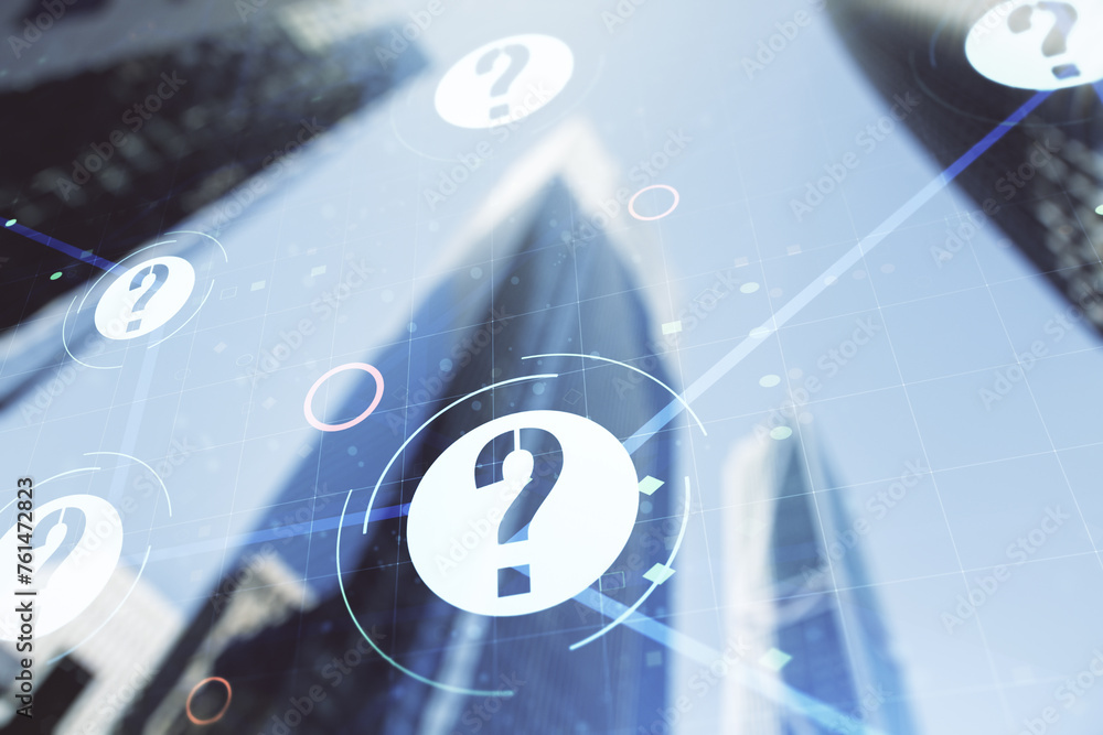 Poster abstract virtual question mark hologram on modern architecture background, future technology concept