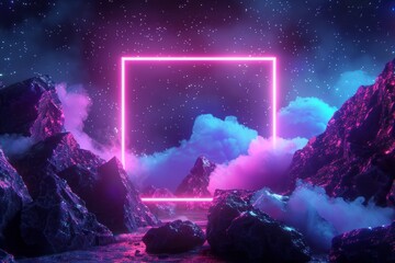 An ambient image featuring a bright neon square intertwined with jagged rock features under a night...