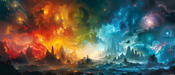 An imaginative view of an alien world, glowing with life and color under a star-filled sky