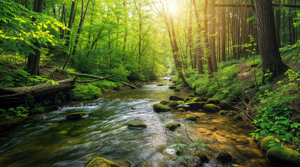 A stream meanders through a thick, verdant forest, surrounded by lush green foliage and towering trees