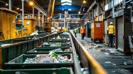 A warehouse stacked with numerous green bins overflowing with trash, creating a cluttered and messy environment