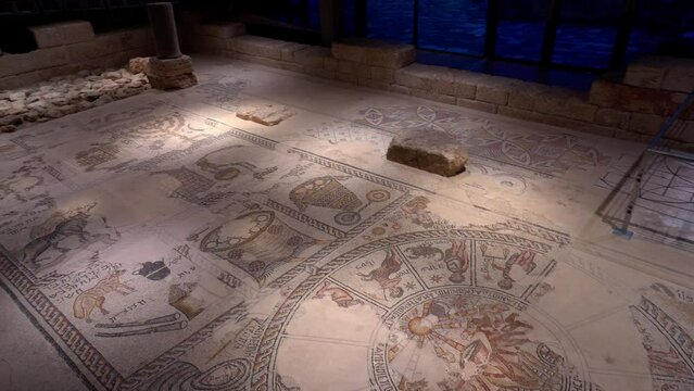 Sepphoris / Tzipori / Saffuriya. Remains of Zippori synagogue. Zodiac wheel mosaic in the 5th- century synagogue, combining Roman scroll designs with Hebrew lettering