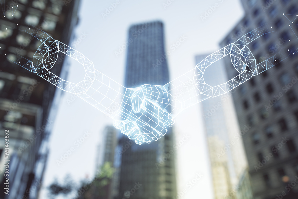 Poster abstract virtual block chain technology sketch with handshake on blurry cityscape background, future