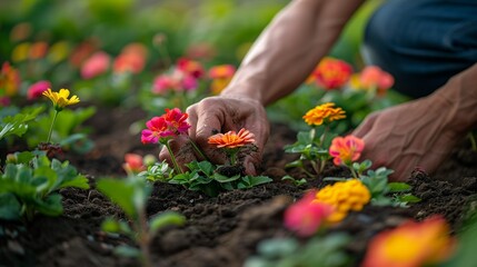 Man's hands  taking care of flowers growing  in flowerbeds - obrazy, fototapety, plakaty