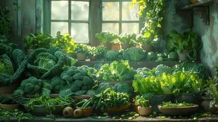 Variety of green vegetables in pots on a rustic wooden table