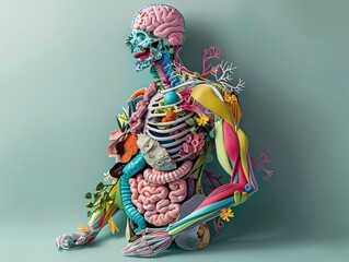 3d illustration of a human body with brain and internal organs.