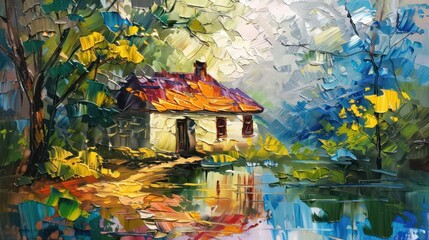 An expressive and colorful oil painting showcasing a rustic cabin surrounded by lush trees reflected in the serene lake waters, invoking a sense of calm and nostalgia