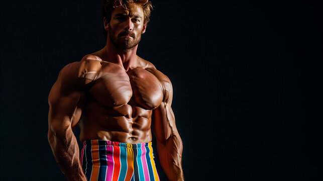 Muscular bodybuilder wearing retro pants