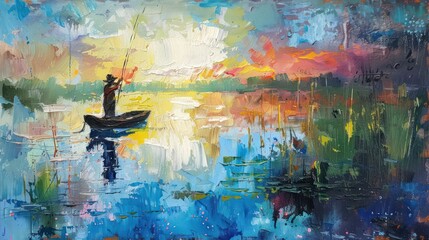 An expressive and vibrant abstract painting capturing a solitary fisherman amidst a sunset over a serene lake, reflecting rich, bold hues