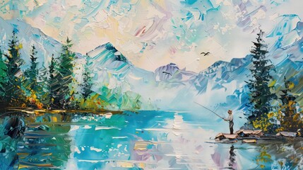 An oil painting showcasing a fisherman by a tranquil lake, flanked by lush greenery and majestic mountains under a dynamic, textured sky