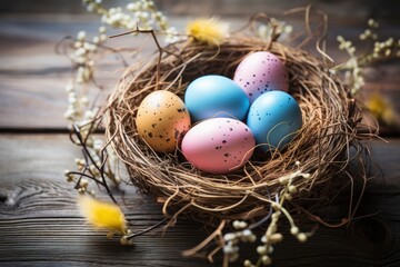 Naklejka na ściany i meble Easter eggs in nest on rustic wooden planks - generative ai