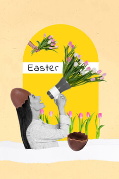 Design picture collage of young girl april spring season easter holiday announcement megaphone bunch tulips isolated on yellow background