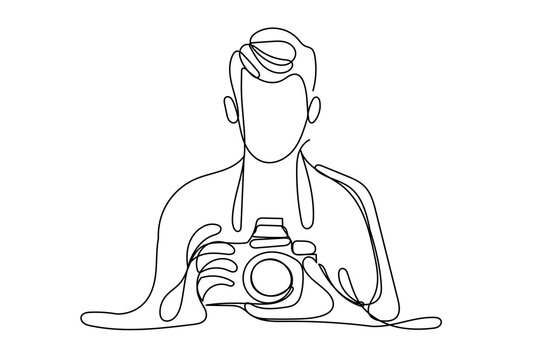Line Art Photo Photographer Portrait. One Continuous Line Drawing. Abstract Photographer Illustration Isolated On White. Trendy Modern Professions Explore Theme. Photo Blogger Contour Drawing Line Art