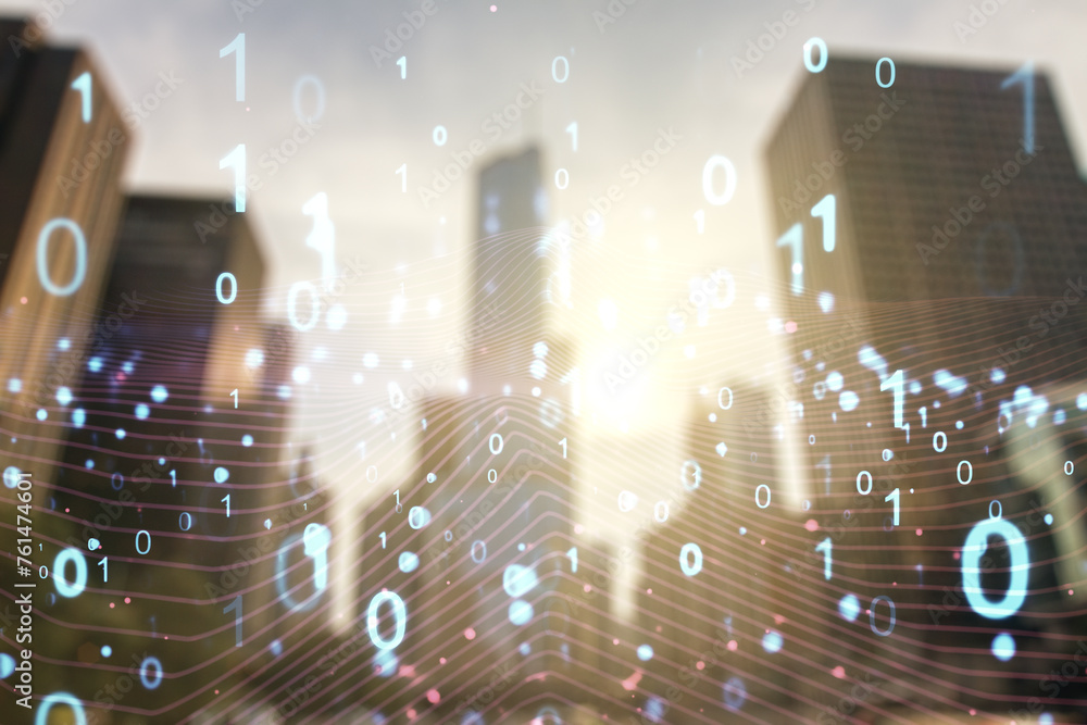 Aufkleber Abstract virtual binary code illustration on office buildings background. Big data and coding concept. Multiexposure