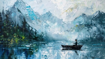 An expressive and textured painting capturing a serene landscape with a lone boatman on a misty lake surrounded by towering mountains - obrazy, fototapety, plakaty