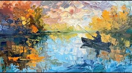 An artist's depiction of tranquility with a lone boatman on a river reflecting the vibrant, textured strokes of the surrounding nature - obrazy, fototapety, plakaty