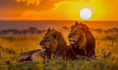 Two lions lying at sunset