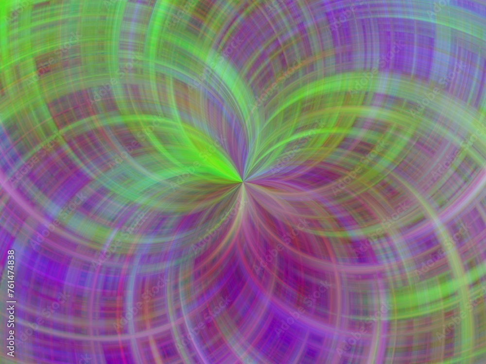 Poster green and violet background with effect of rays in motion, lines curves, bends, lights, depth - abst