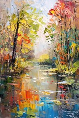 This picturesque oil painting captures the essence of a lush forest with a myriad of colors reflecting off a serene waterscape The brushstrokes evoke a sense of motion and vitality