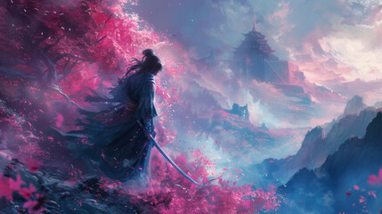 A digital artwork of a lone samurai gazing at an ethereal pink forest and distant castle. - obrazy, fototapety, plakaty