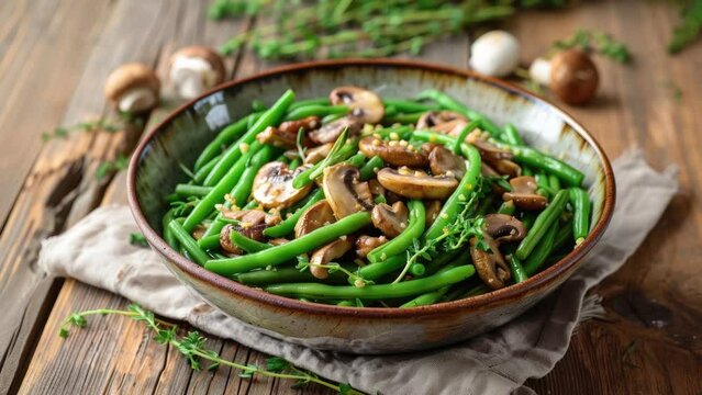 Bowl of Green Beans and Mushrooms with Butter on a Wooden Table