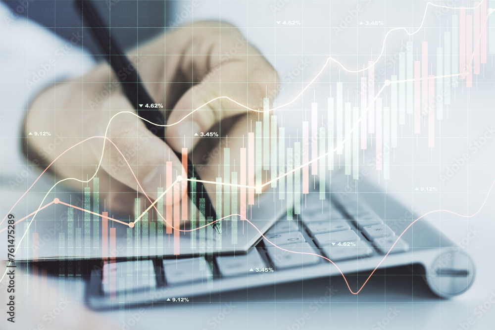 Poster multi exposure of abstract creative financial graph with hand writing in notepad on background, fore