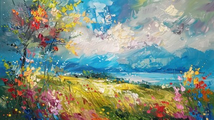 A vibrant and textured oil painting depicting a scenic landscape with vivid colors, representing the beauty and tranquility of nature with artistic flair