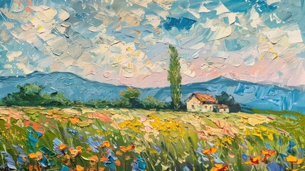 This vibrant image features a countryside scene in an impressionist style, with a house amidst fields of colorful flowers and backdrop of mountains - obrazy, fototapety, plakaty