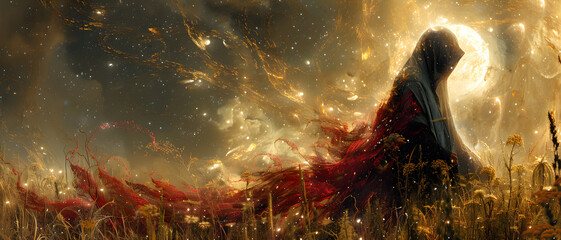 Stunning visual artwork showing a mysterious figure amidst a cosmic landscape filled with stars and nebulae