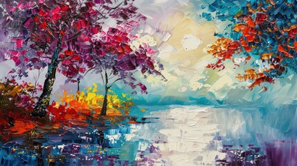 Vivid abstract oil painting showcasing a vibrant landscape with trees, reflection in water, and rich textures Perfect for those who appreciate artistry and nature