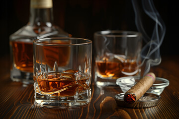 Two glasses of Bourbon or Scotch whiskey with a smoking cigar on a wooden table on black background, men's club concept - 761475297