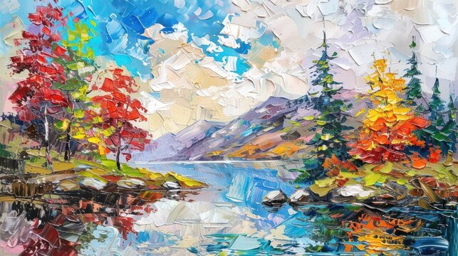 Vibrant palette knife oil painting depicting a serene lake surrounded by autumn trees and distant mountains