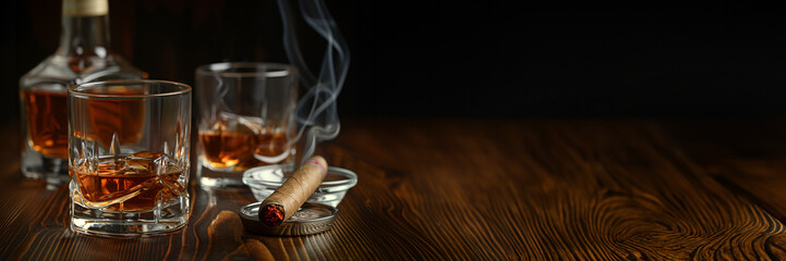 Glasses of Bourbon or Scotch whiskey with a smoking cigar on panoramic background, men's club web banner - 761475421