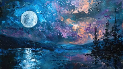 This expressive painting captures a moonlit night with rich textures and a palette of blues, purples, and hints of orange reflecting in tranquil water - obrazy, fototapety, plakaty
