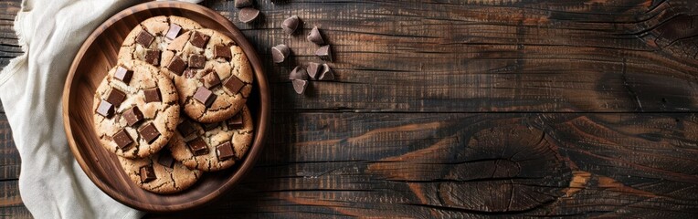 A plate filled with American cookies with chocolate chunks sits on a wooden table - obrazy, fototapety, plakaty