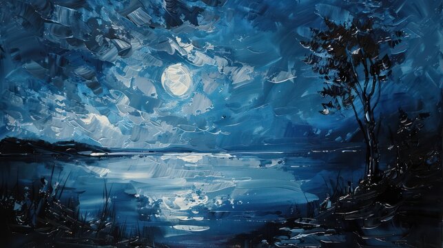 This captivating image features a tranquil blue lake reflecting the bright moonlight, surrounded by dark foliage, capturing the essence of a serene night