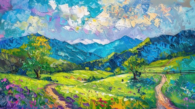 An expressive and vibrant impressionist style painting capturing the beauty of a lush mountain landscape with textured brush strokes
