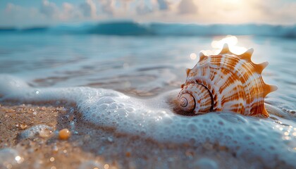 Seashell on the beach. Sea shell on the sand closeup. Closeup of a seashell on a sandy beach in tropical location. Salt water seashell - obrazy, fototapety, plakaty
