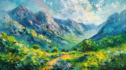 This vibrant artwork features a picturesque mountain valley with peaks touching the sky, an inviting path through wildflowers, and a play of light and shadow - obrazy, fototapety, plakaty