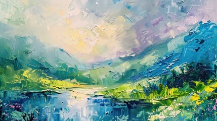 This expressive oil painting captures a tranquil landscape scene in a burst of vibrant colors and bold brush strokes, evoking feelings of peace and harmony - obrazy, fototapety, plakaty