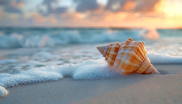 Seashell on the beach. Sea shell on the sand closeup. Closeup of a seashell on a sandy beach in tropical location. Salt water seashell