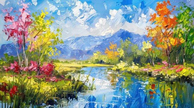 This vibrant painting captures a serene landscape with mountains in the background, a clear blue lake, and lush flora under a dynamic sky, all rendered in a vivid, impressionistic style