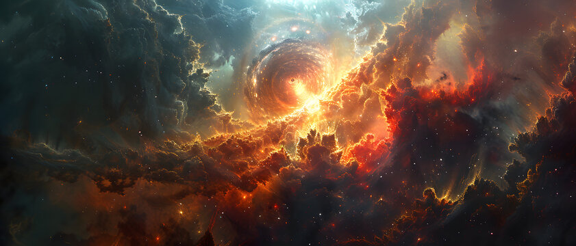 This detailed image captures the intensity of a spiraling space vortex amidst a fiery cosmic backdrop